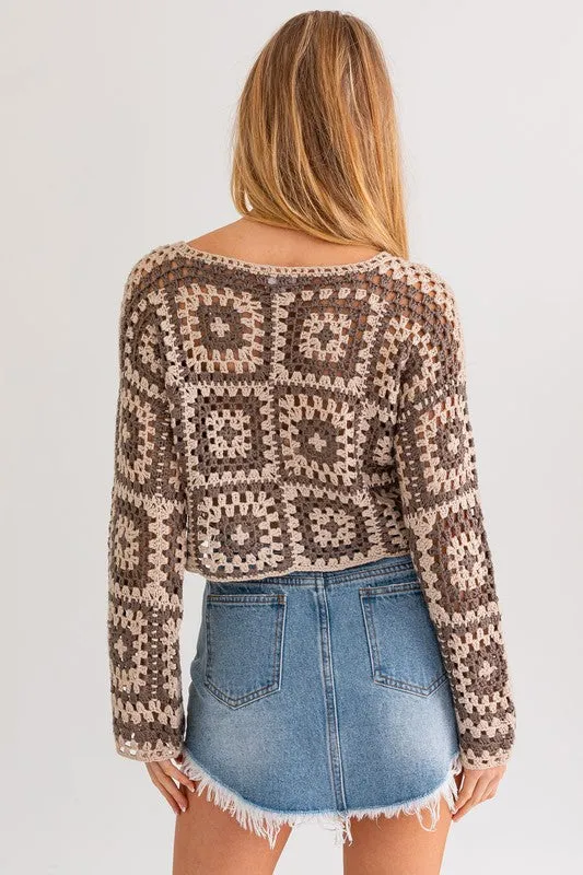Cute Long Sleeve Fashion Crochet Crop Top Sweater