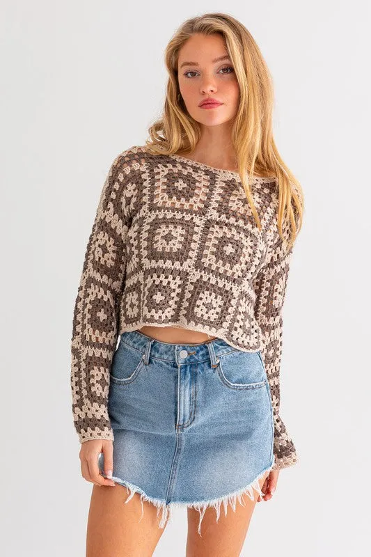 Cute Long Sleeve Fashion Crochet Crop Top Sweater