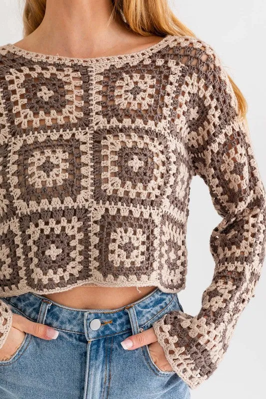 Cute Long Sleeve Fashion Crochet Crop Top Sweater