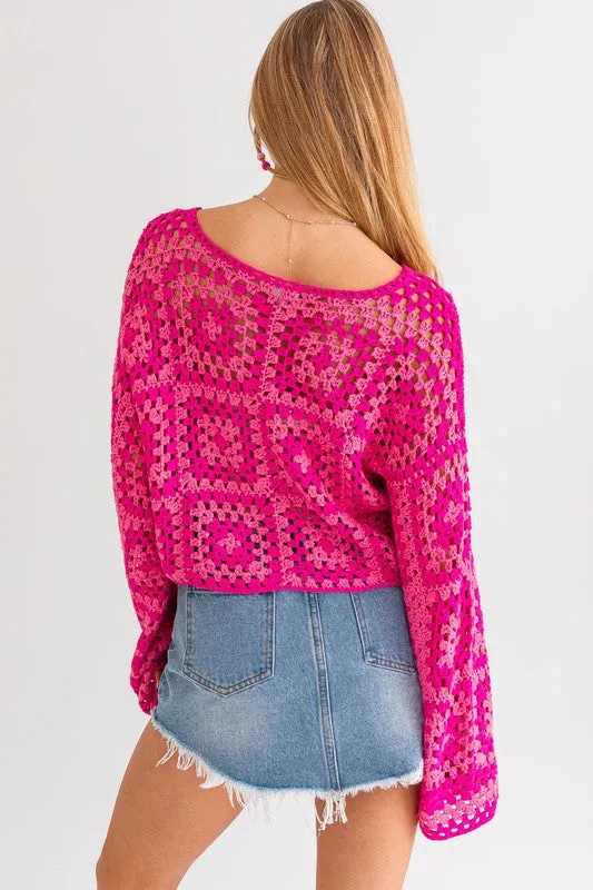 Cute Long Sleeve Fashion Crochet Crop Top Sweater