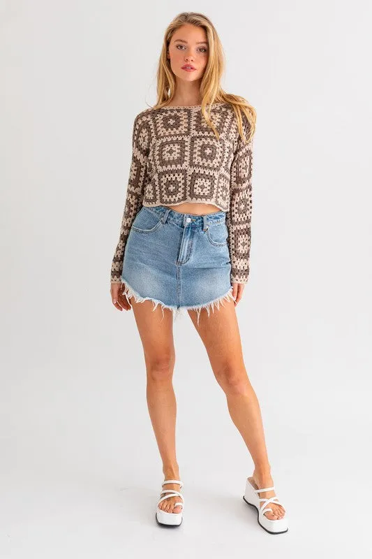 Cute Long Sleeve Fashion Crochet Crop Top Sweater
