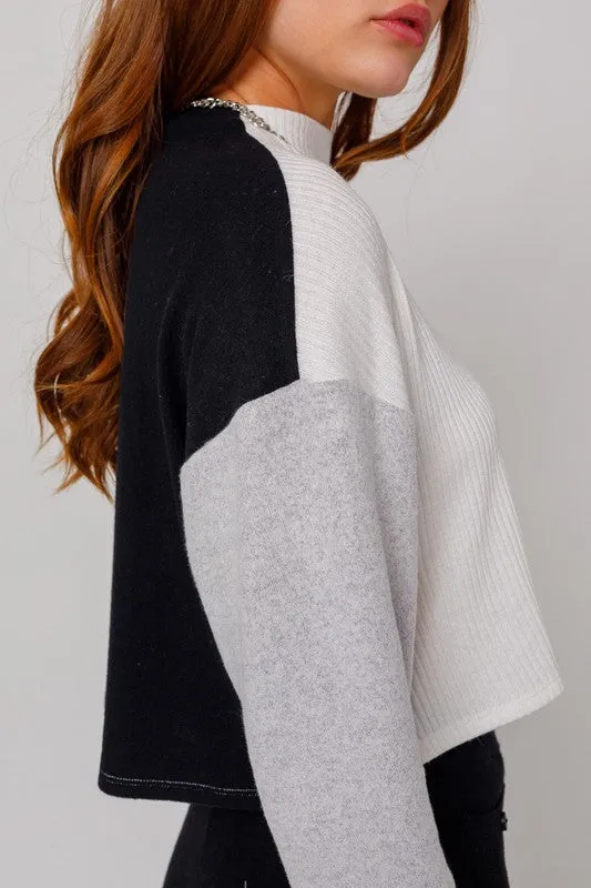 Cute Stylish Mock Neck Long Sleeve Contrast Cropped Top Sweater