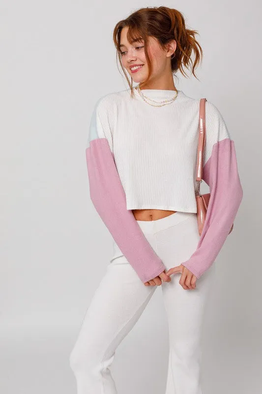 Cute Stylish Mock Neck Long Sleeve Contrast Cropped Top Sweater