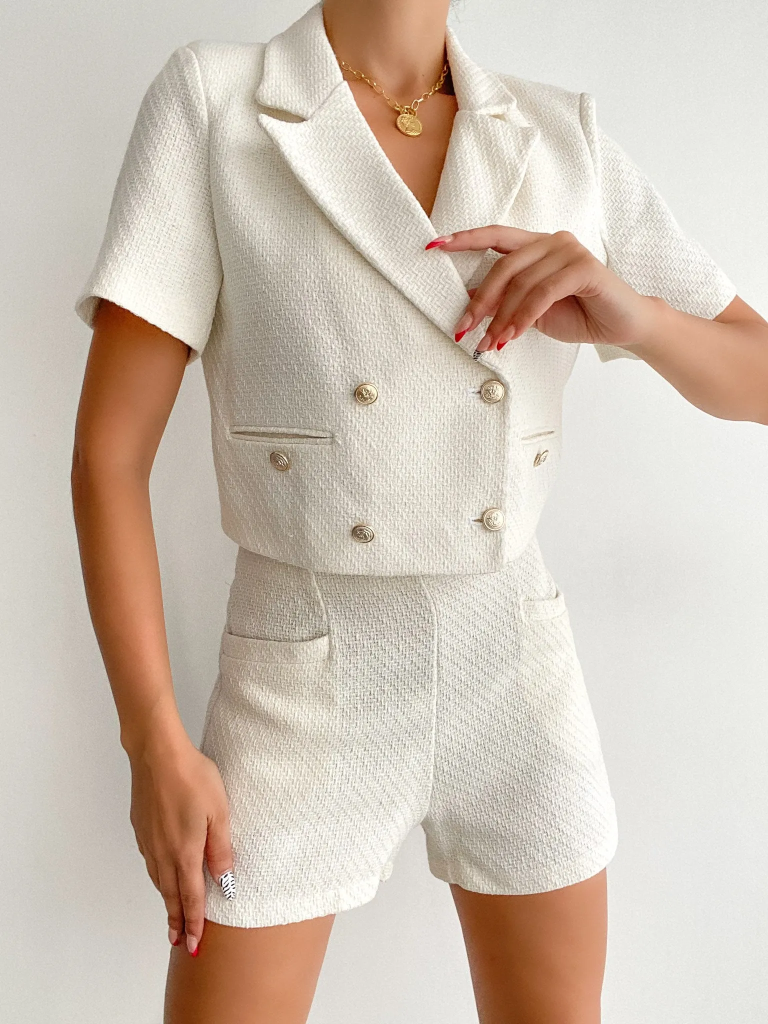 Kurzes Tweed Zweiteiler Set mit Knöpfen LILIANA | Damen | schwarz