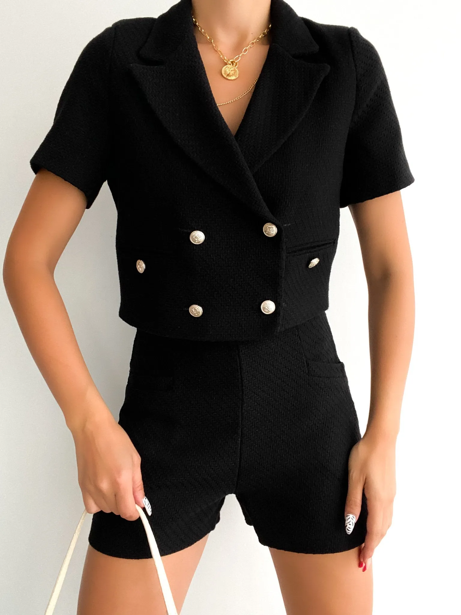 Kurzes Tweed Zweiteiler Set mit Knöpfen LILIANA | Damen | schwarz