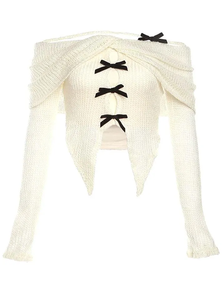 Long-Sleeve Off-Shoulder Plain Asymmetrical Bow Crop Knit Top