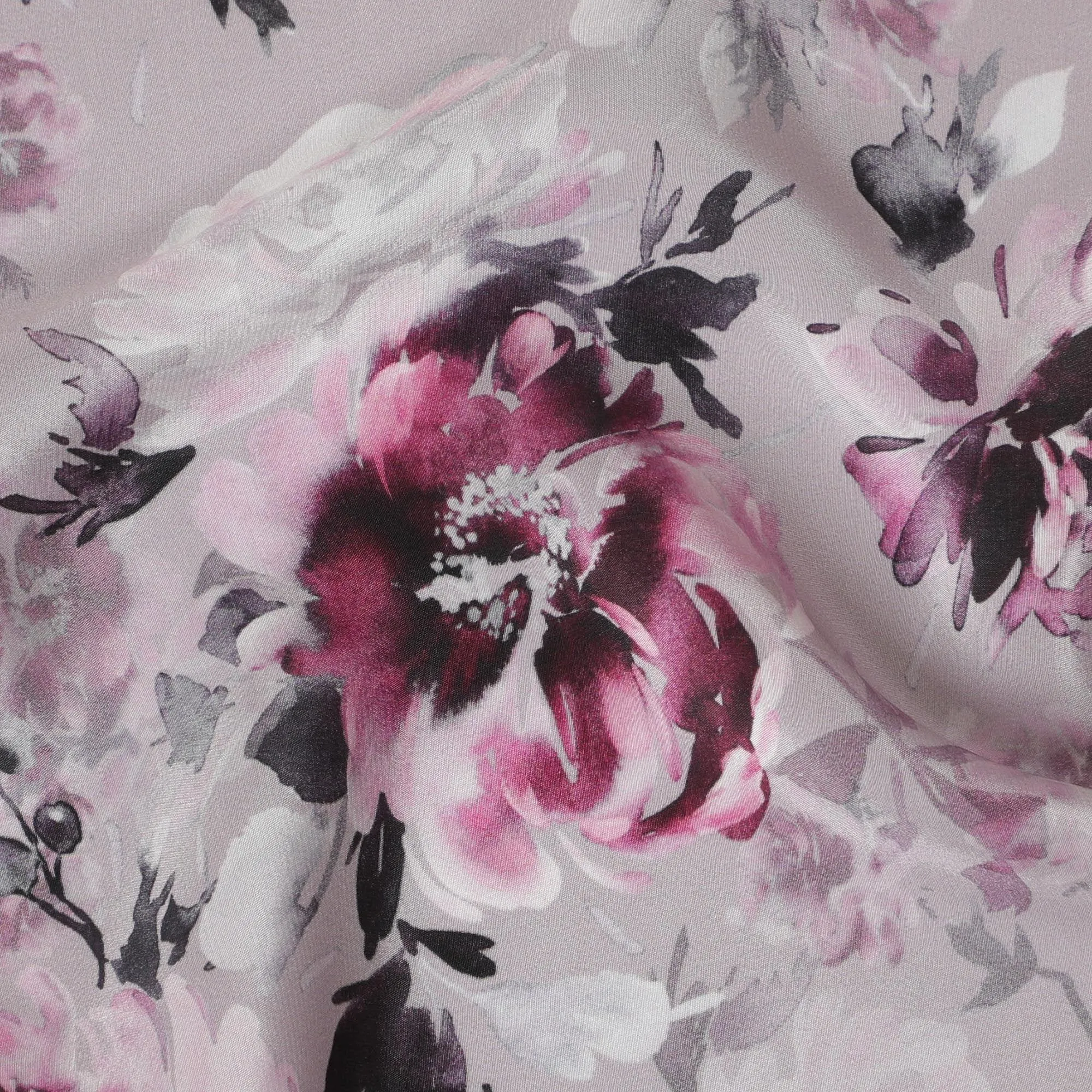 Periwinkle purple viscose crepe fabric with same tone, baby pink and black print in floral design-D13818